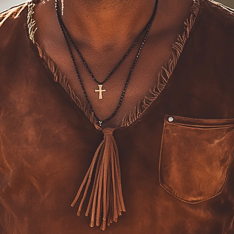 Men's Vintage Print Tassel Polyester Blend Short Sleeve T-Shirt MTA2962G3P sold by Manly product image thumbnail 3