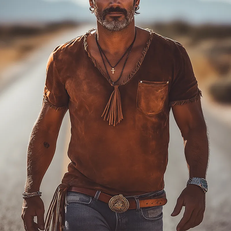 Men's Vintage Print Tassel Polyester Blend Short Sleeve T-Shirt MTA2962G3P sold by Manly product image thumbnail 2