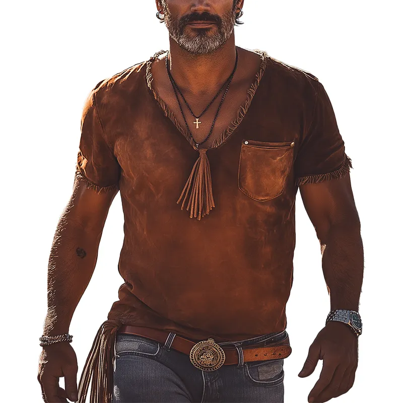 Men's Vintage Print Tassel Polyester Blend Short Sleeve T-Shirt MTA2962G3P sold by Manly