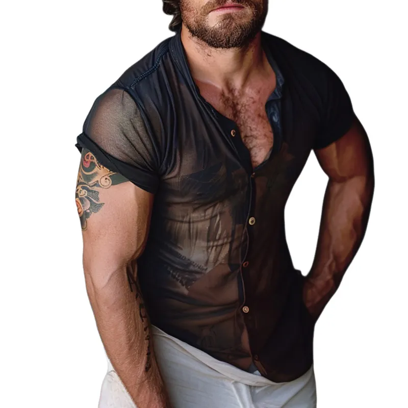 Men's Solid Translucent Stand Collar Short Sleeve Shirt MTA2919G6Z sold by Manly