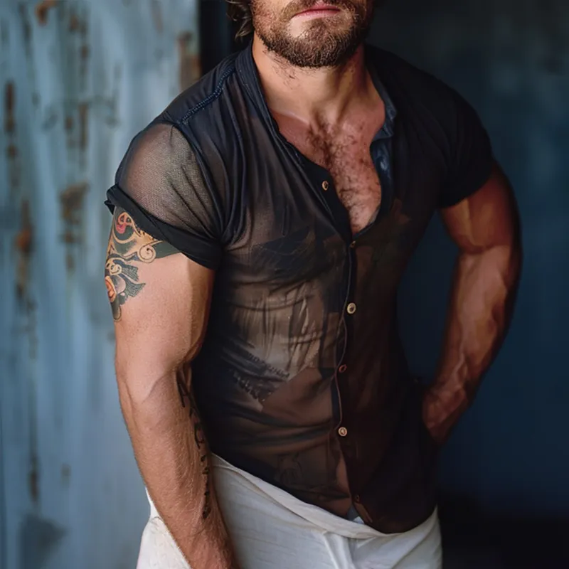 Men's Solid Translucent Stand Collar Short Sleeve Shirt MTA2919G6Z sold by Manly product image thumbnail 2