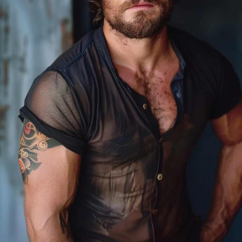 Men's Solid Translucent Stand Collar Short Sleeve Shirt MTA2919G6Z sold by Manly product image thumbnail 3