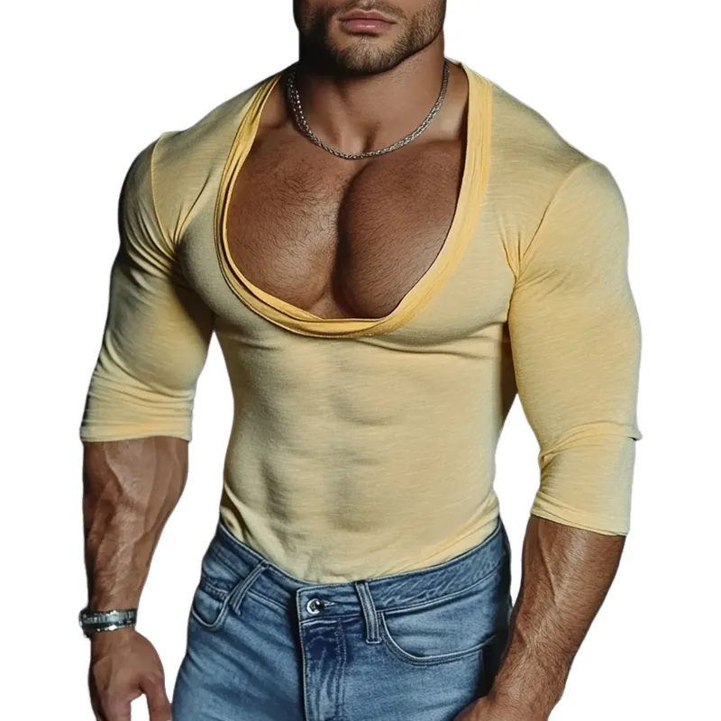 Men's Solid Deep U Neck Long Sleeve T-shirt MTA2974G5Z sold by Manly