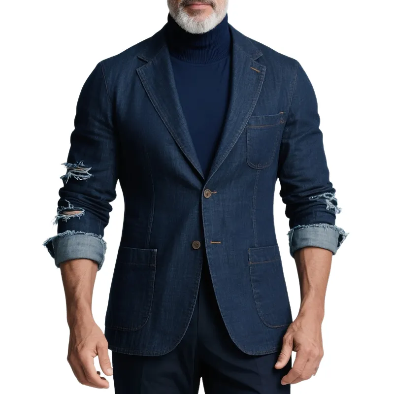 Men's Holes Denim Notch Lapel Multi-pocket Casual Blazer MTA2852G4Z sold by Manly