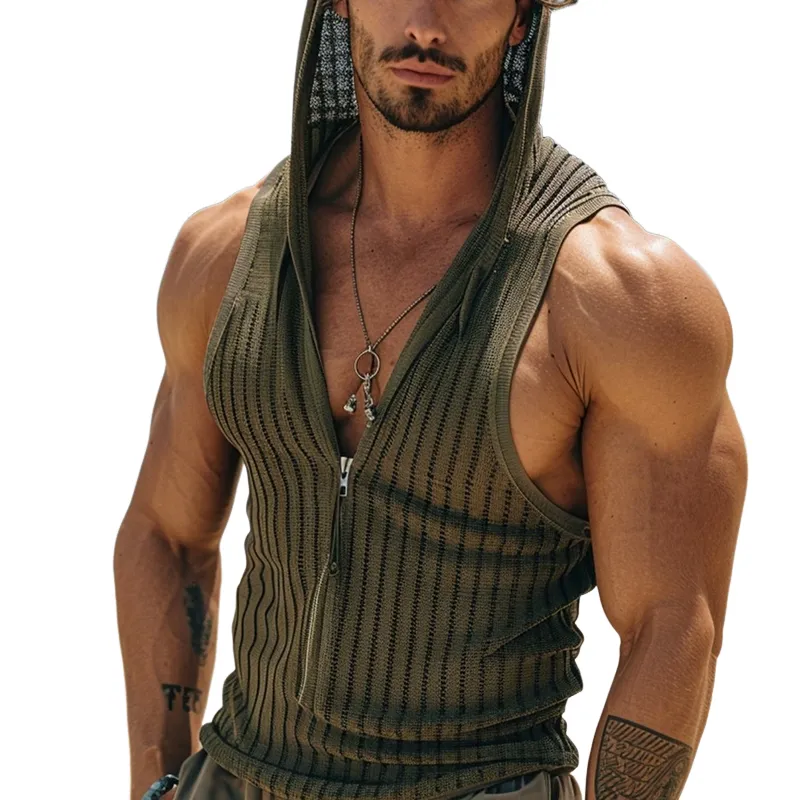Men's Fashion Knitted Striped Hooded Sleeveless Tank Top MTA2920G7Z sold by Manly