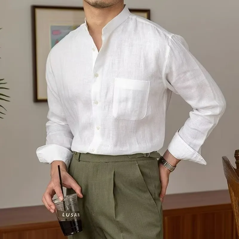 Men's Cotton And Linen Solid Color Stand Collar Long Sleeve Shirt MTA2810G8X sold by Manly product image thumbnail 3