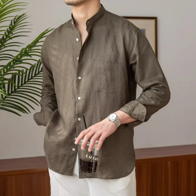 Men's Cotton And Linen Solid Color Stand Collar Long Sleeve Shirt MTA2810G8X sold by Manly product image thumbnail 5