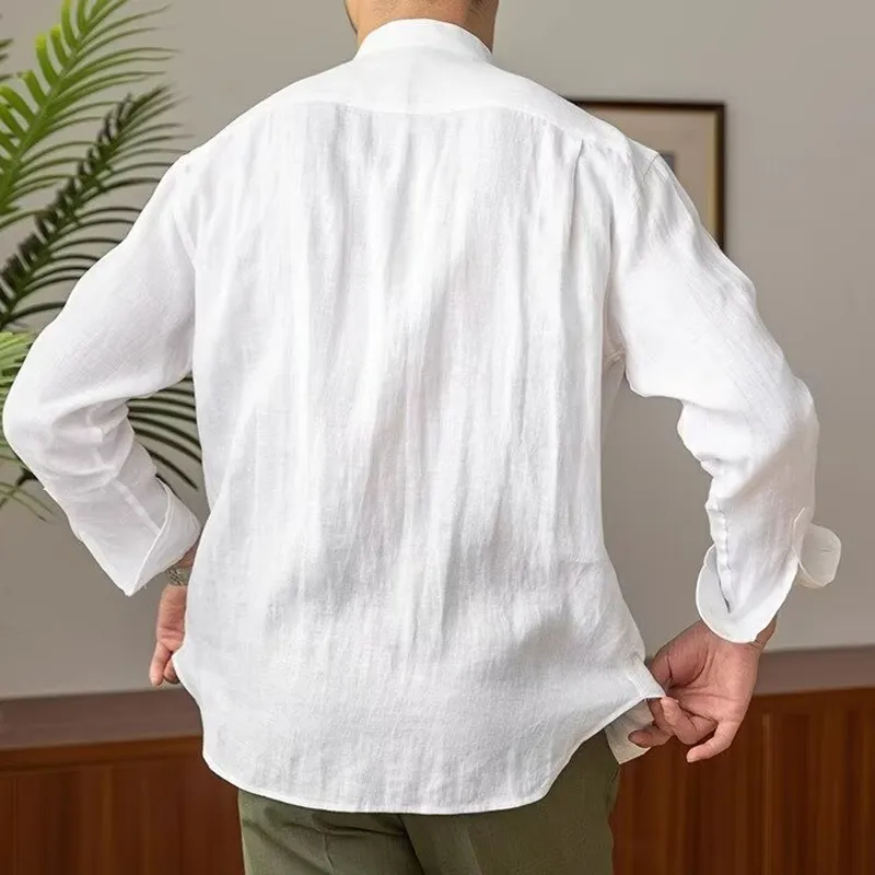 Men's Cotton And Linen Solid Color Stand Collar Long Sleeve Shirt MTA2810G8X sold by Manly product image thumbnail 4