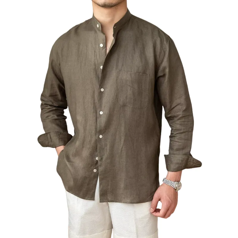 Men's Cotton And Linen Solid Color Stand Collar Long Sleeve Shirt MTA2810G8X sold by Manly