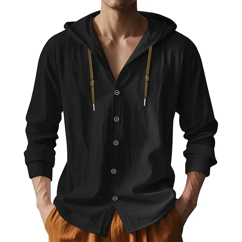 Men's Solid Color Cotton And Linen Long-Sleeved Hooded Shirt MTA2855G9P sold by Manly product image thumbnail 4
