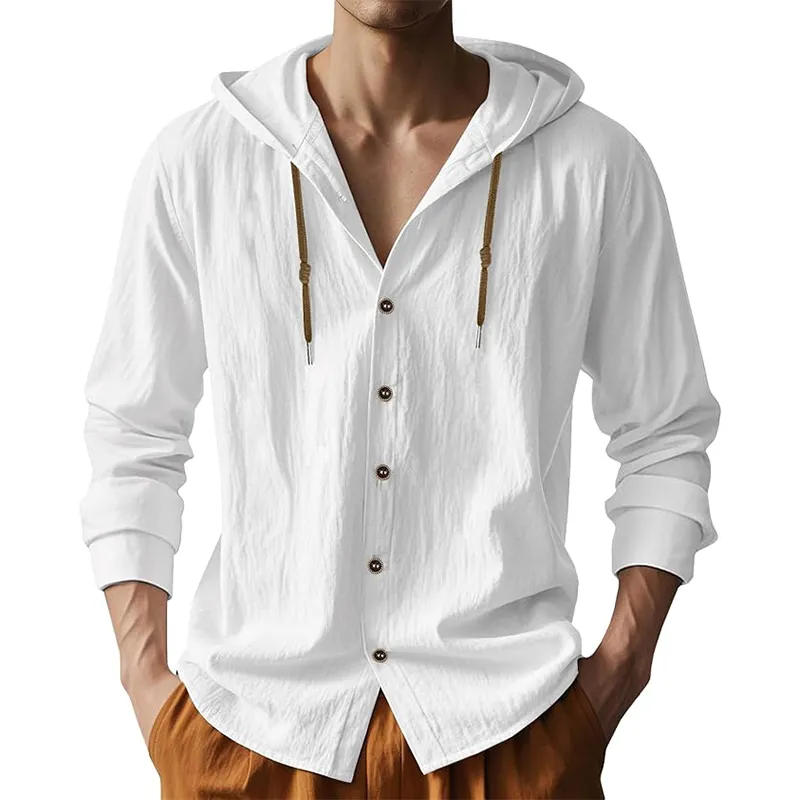 Men's Solid Color Cotton And Linen Long-Sleeved Hooded Shirt MTA2855G9P sold by Manly product image thumbnail 3
