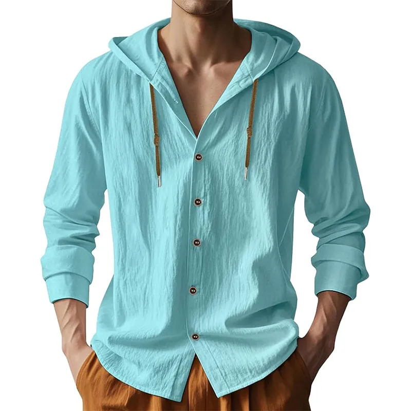 Men's Solid Color Cotton And Linen Long-Sleeved Hooded Shirt MTA2855G9P sold by Manly