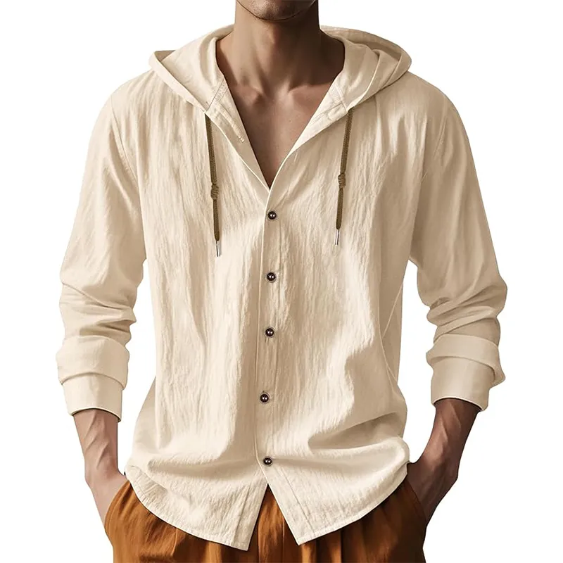 Men's Solid Color Cotton And Linen Long-Sleeved Hooded Shirt MTA2855G9P sold by Manly product image thumbnail 2