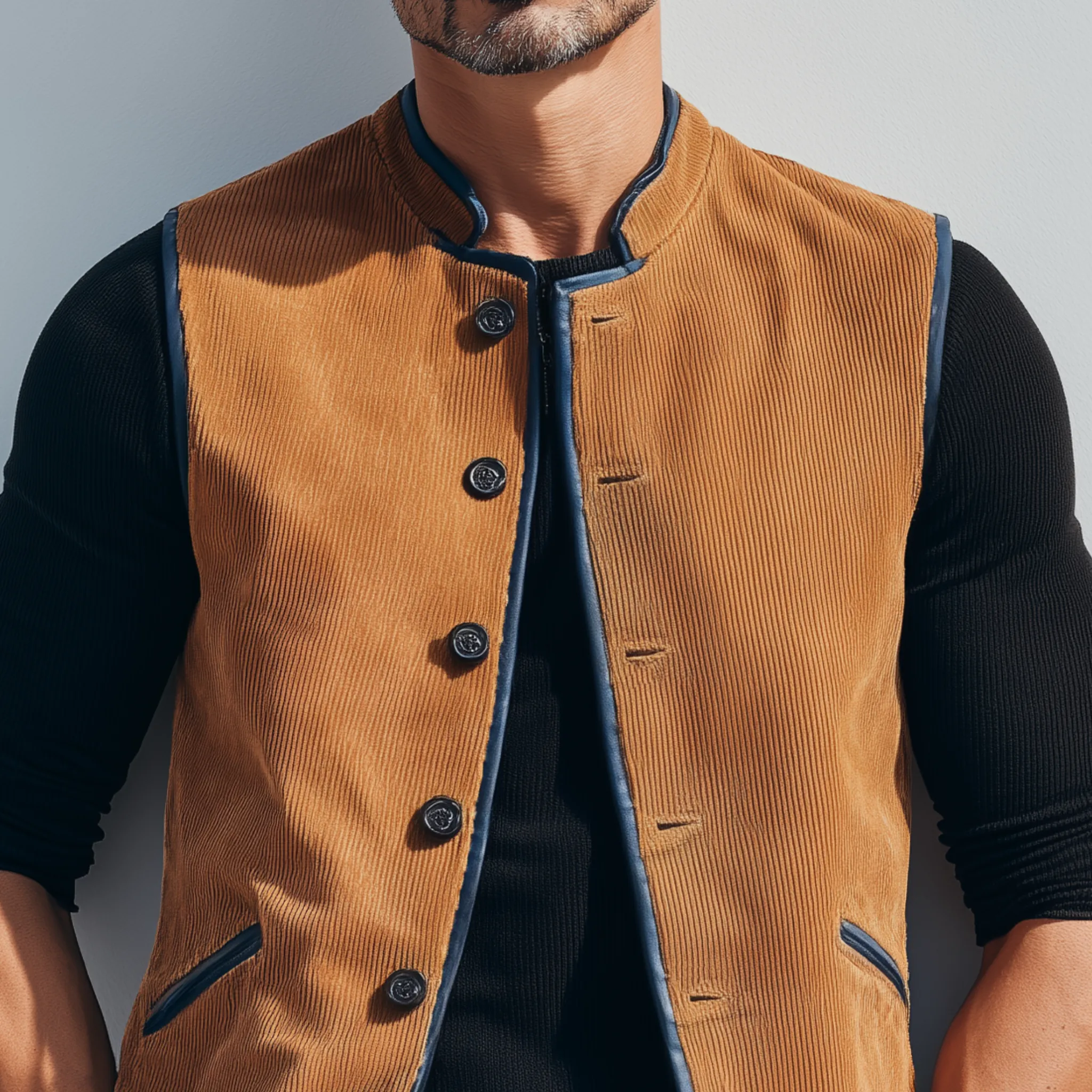 Men's Classic Retro Stand-up Collar Contrasting Color Binding Corduroy Vest MTA3174G4K sold by Manly product image thumbnail 4
