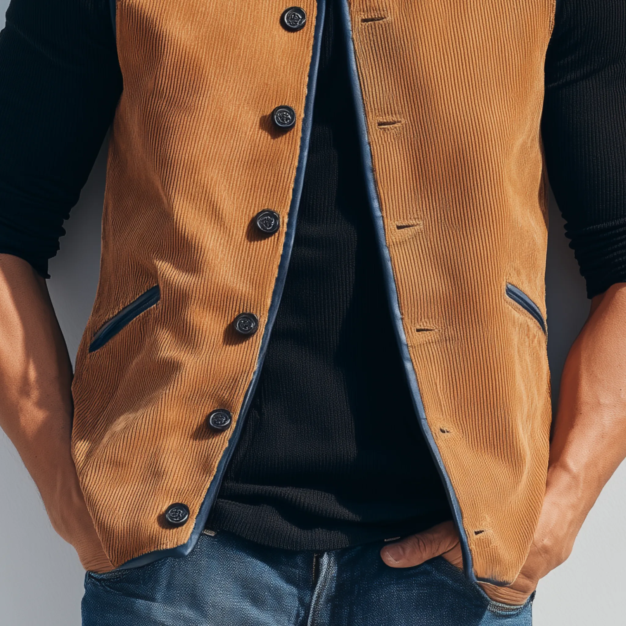 Men's Classic Retro Stand-up Collar Contrasting Color Binding Corduroy Vest MTA3174G4K sold by Manly product image thumbnail 5