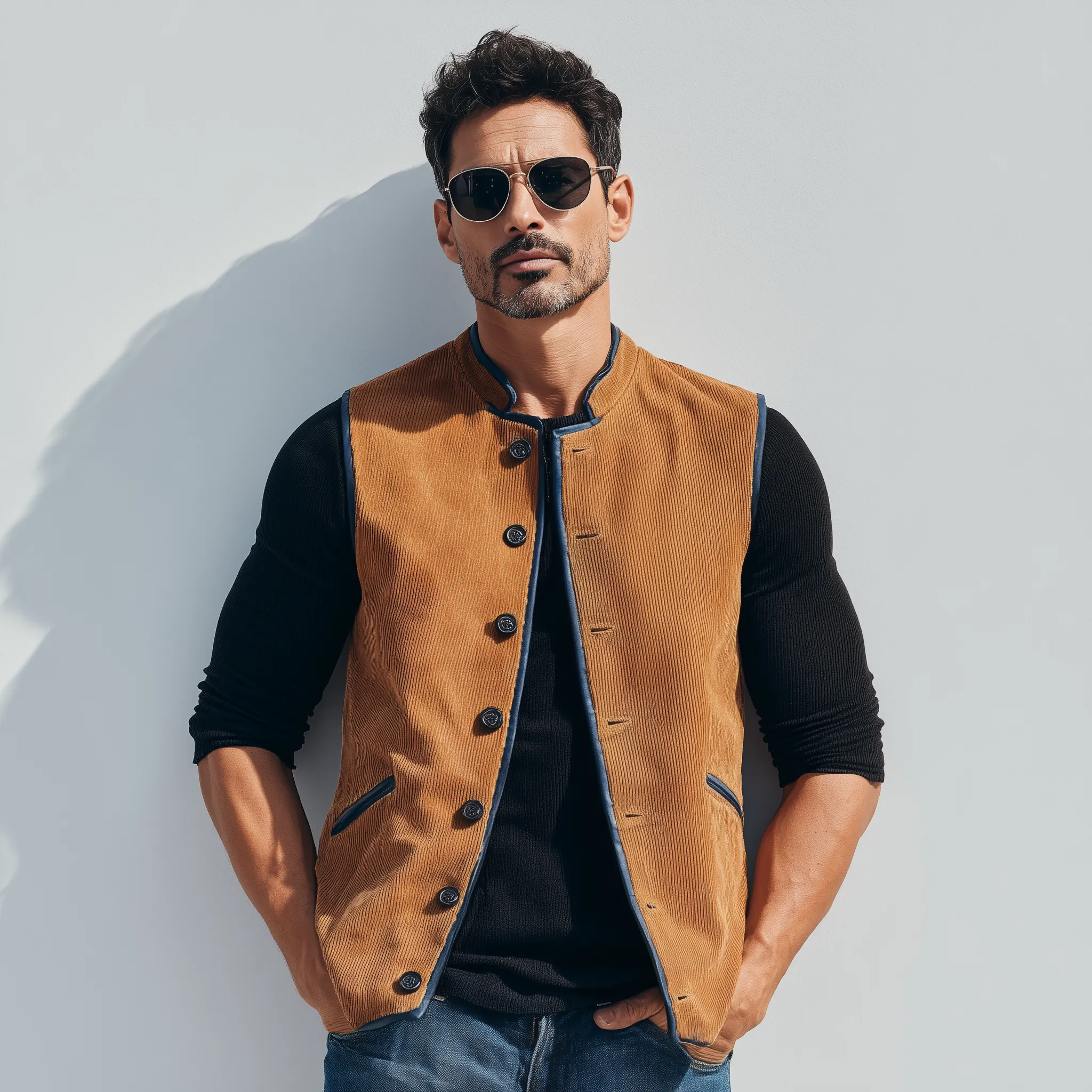 Men's Classic Retro Stand-up Collar Contrasting Color Binding Corduroy Vest MTA3174G4K sold by Manly product image thumbnail 3