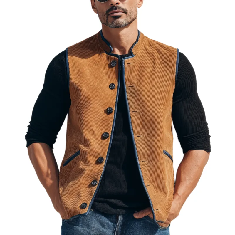 Men's Classic Retro Stand-up Collar Contrasting Color Binding Corduroy Vest MTA3174G4K sold by Manly