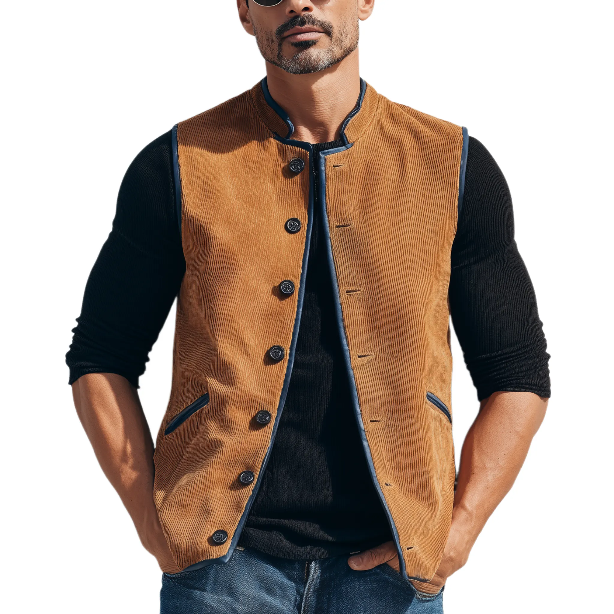 Men's Classic Retro Stand-up Collar Contrasting Color Binding Corduroy Vest MTA3174G4K sold by Manly