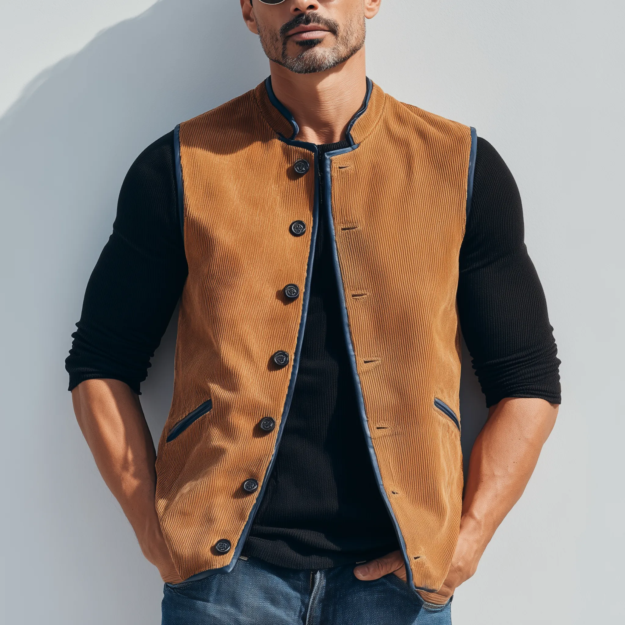 Men's Classic Retro Stand-up Collar Contrasting Color Binding Corduroy Vest MTA3174G4K sold by Manly product image thumbnail 2