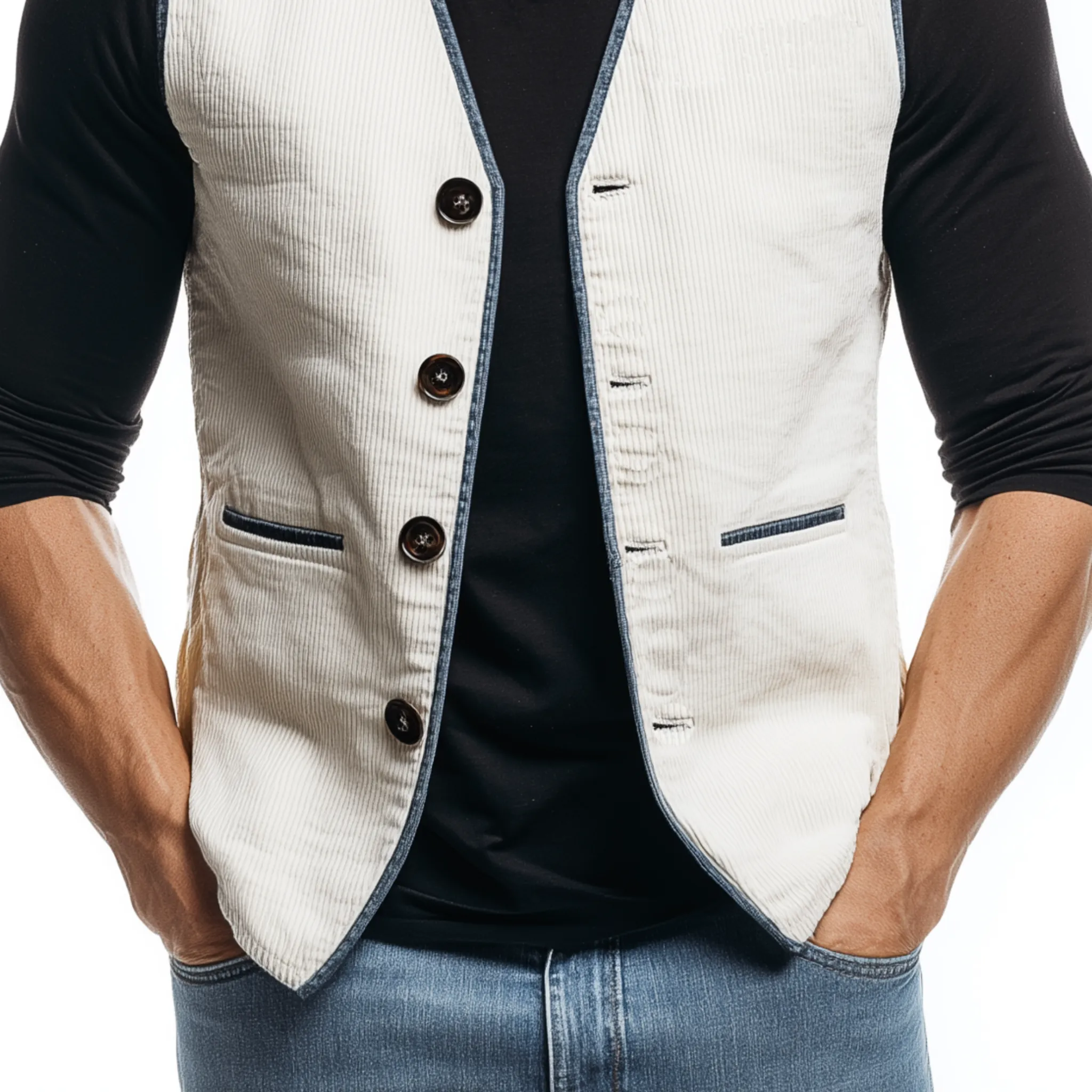 Men's Classic Casual V-neck Contrasting Hem Corduroy Vest MTA3112G0K sold by Manly product image thumbnail 4