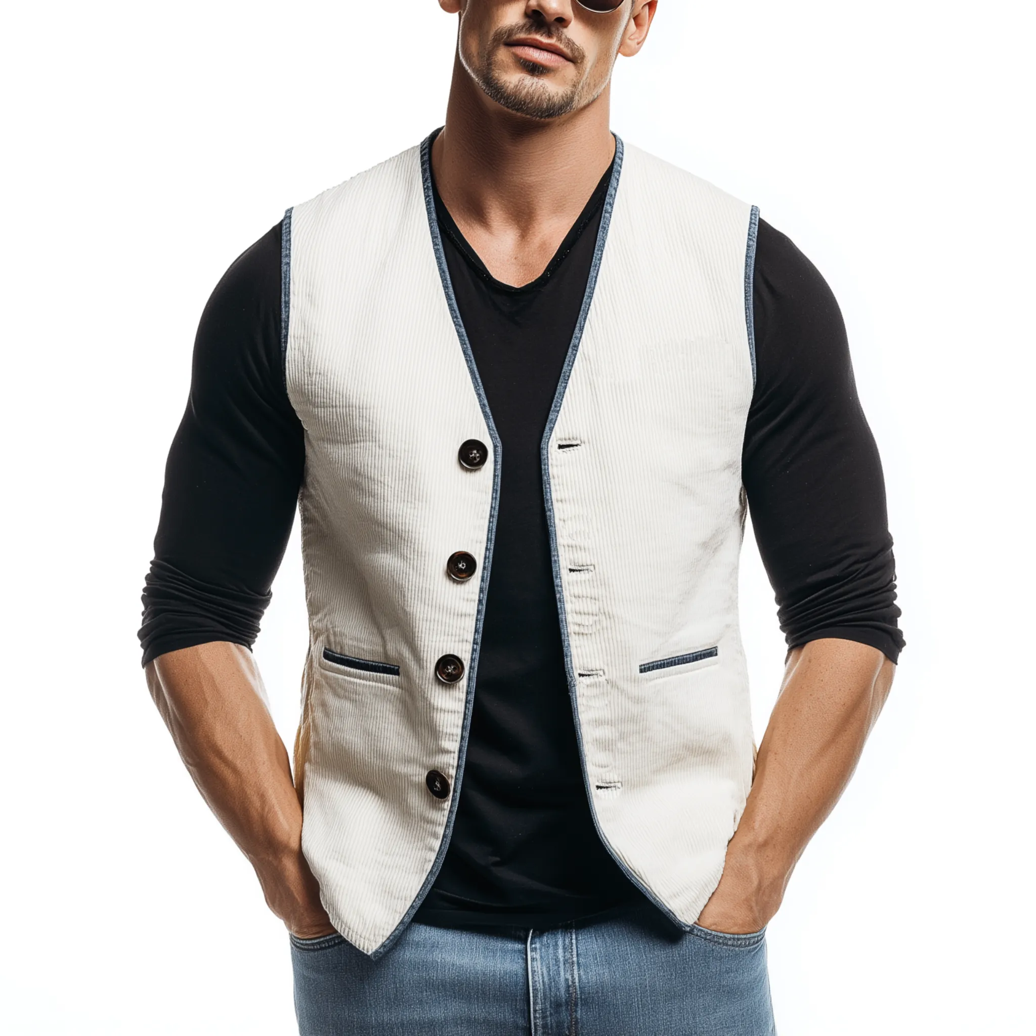 Men's Classic Casual V-neck Contrasting Hem Corduroy Vest MTA3112G0K sold by Manly