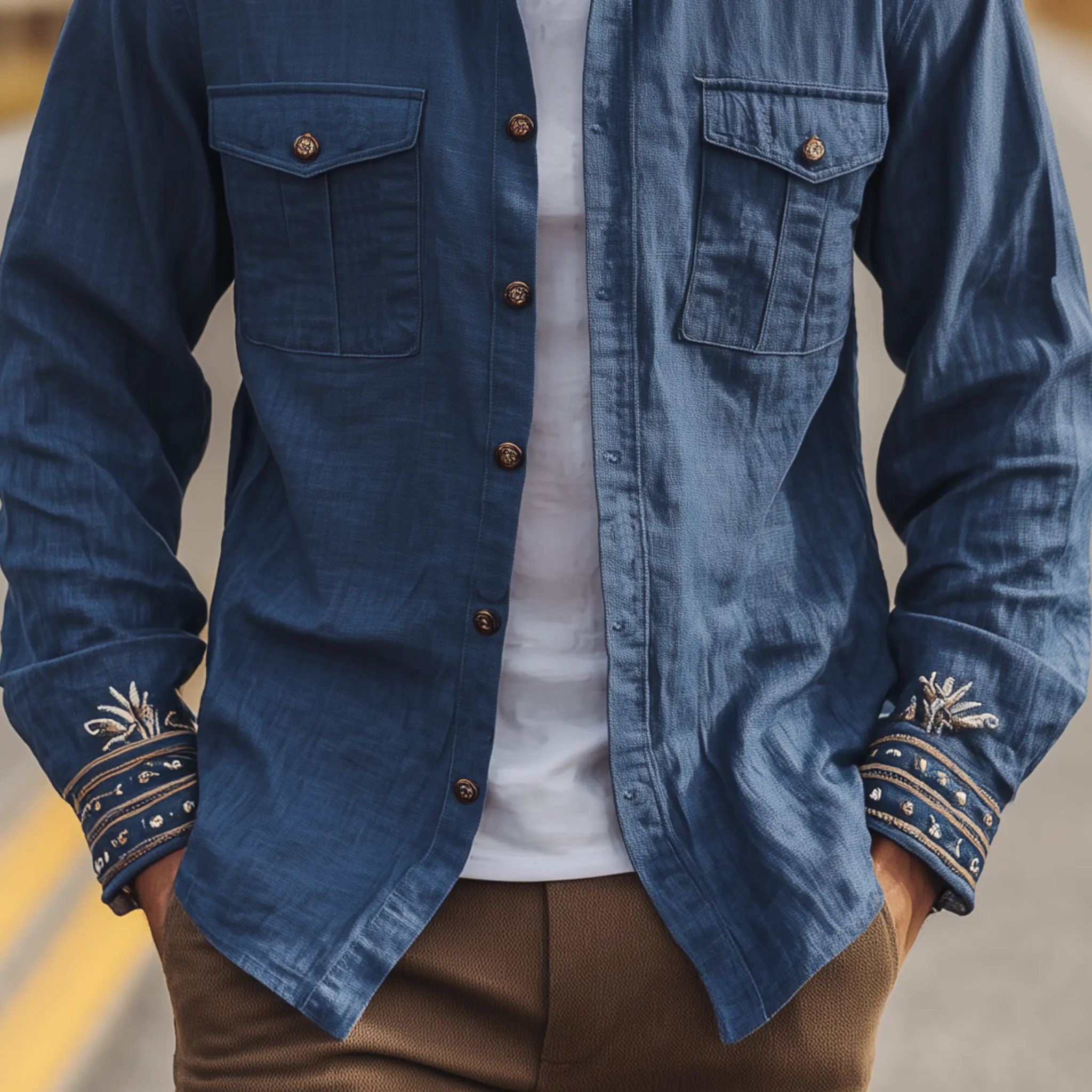 Men's Classic Casual Western Cowboy Style Embroidered Cotton And Linen Blend Long-sleeved Shirt MTA3195G7K sold by Manly product image thumbnail 5