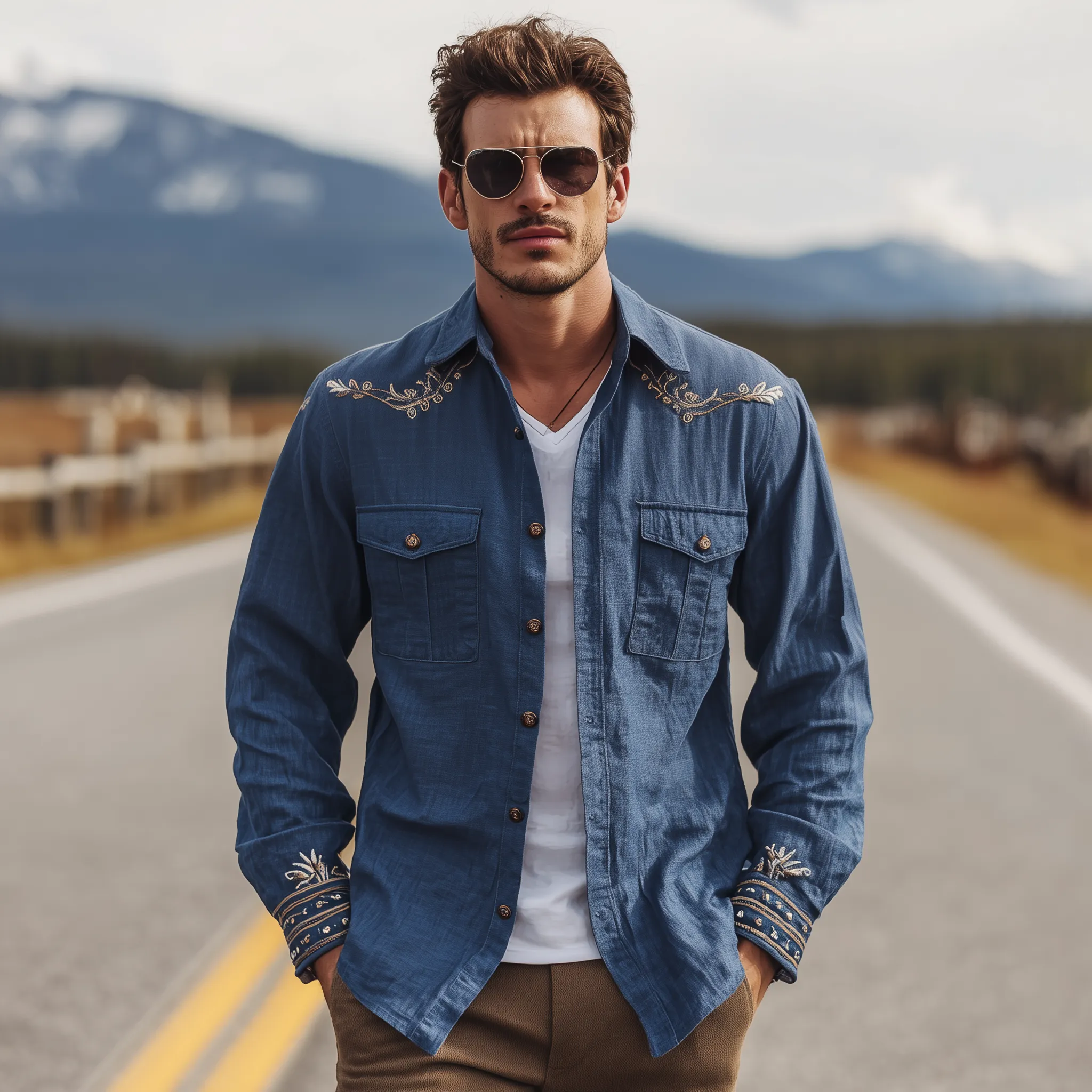 Men's Classic Casual Western Cowboy Style Embroidered Cotton And Linen Blend Long-sleeved Shirt MTA3195G7K sold by Manly product image thumbnail 3