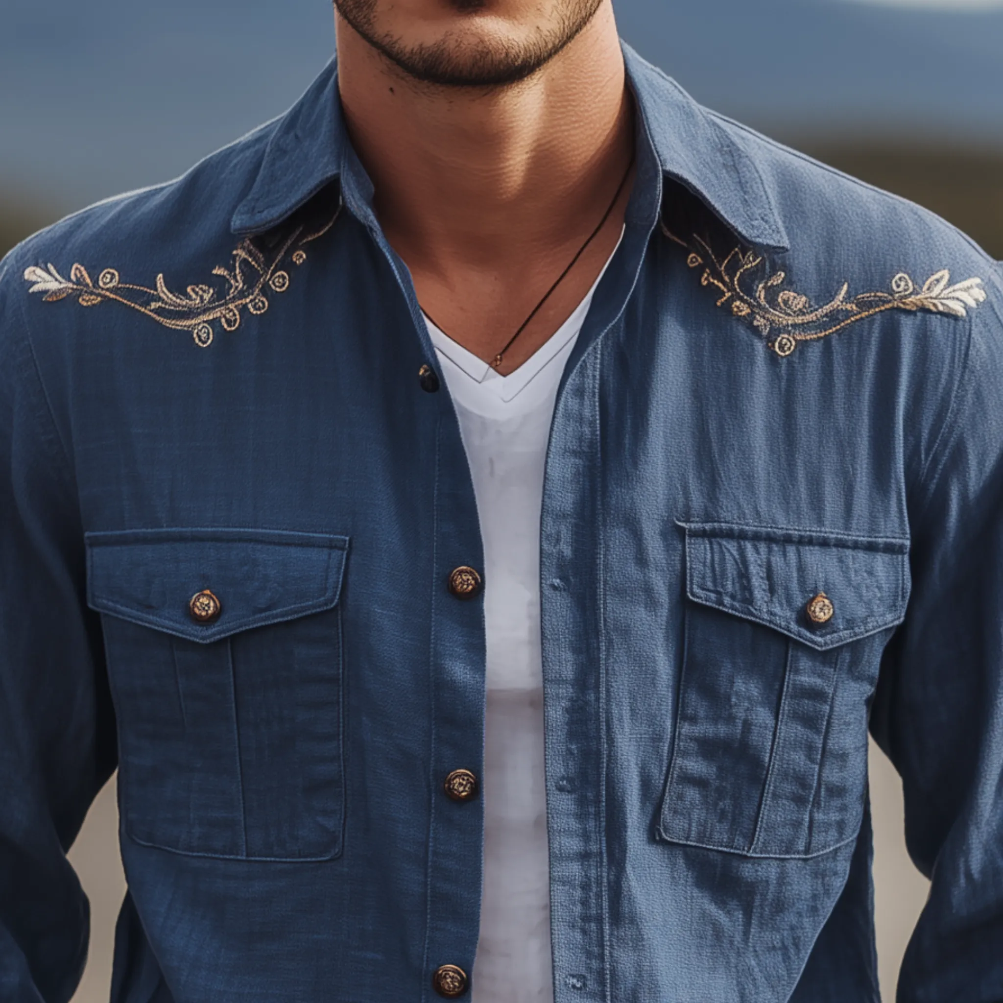 Men's Classic Casual Western Cowboy Style Embroidered Cotton And Linen Blend Long-sleeved Shirt MTA3195G7K sold by Manly product image thumbnail 4
