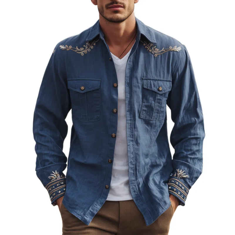 Men's Classic Casual Western Cowboy Style Embroidered Cotton And Linen Blend Long-sleeved Shirt MTA3195G7K sold by Manly