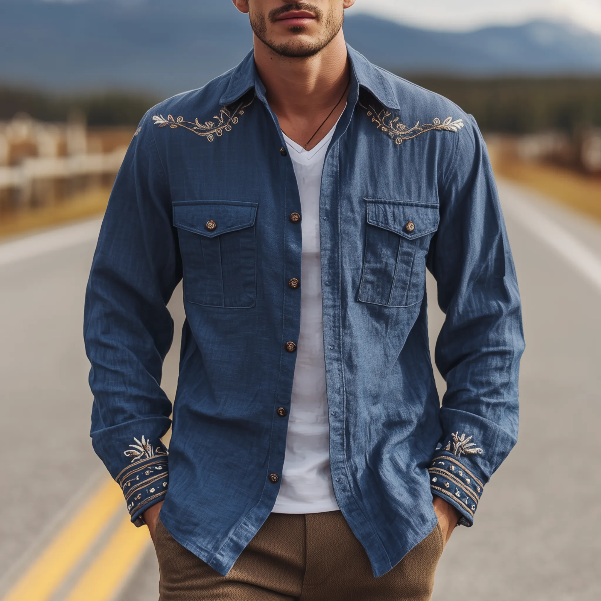 Men's Classic Casual Western Cowboy Style Embroidered Cotton And Linen Blend Long-sleeved Shirt MTA3195G7K sold by Manly product image thumbnail 2