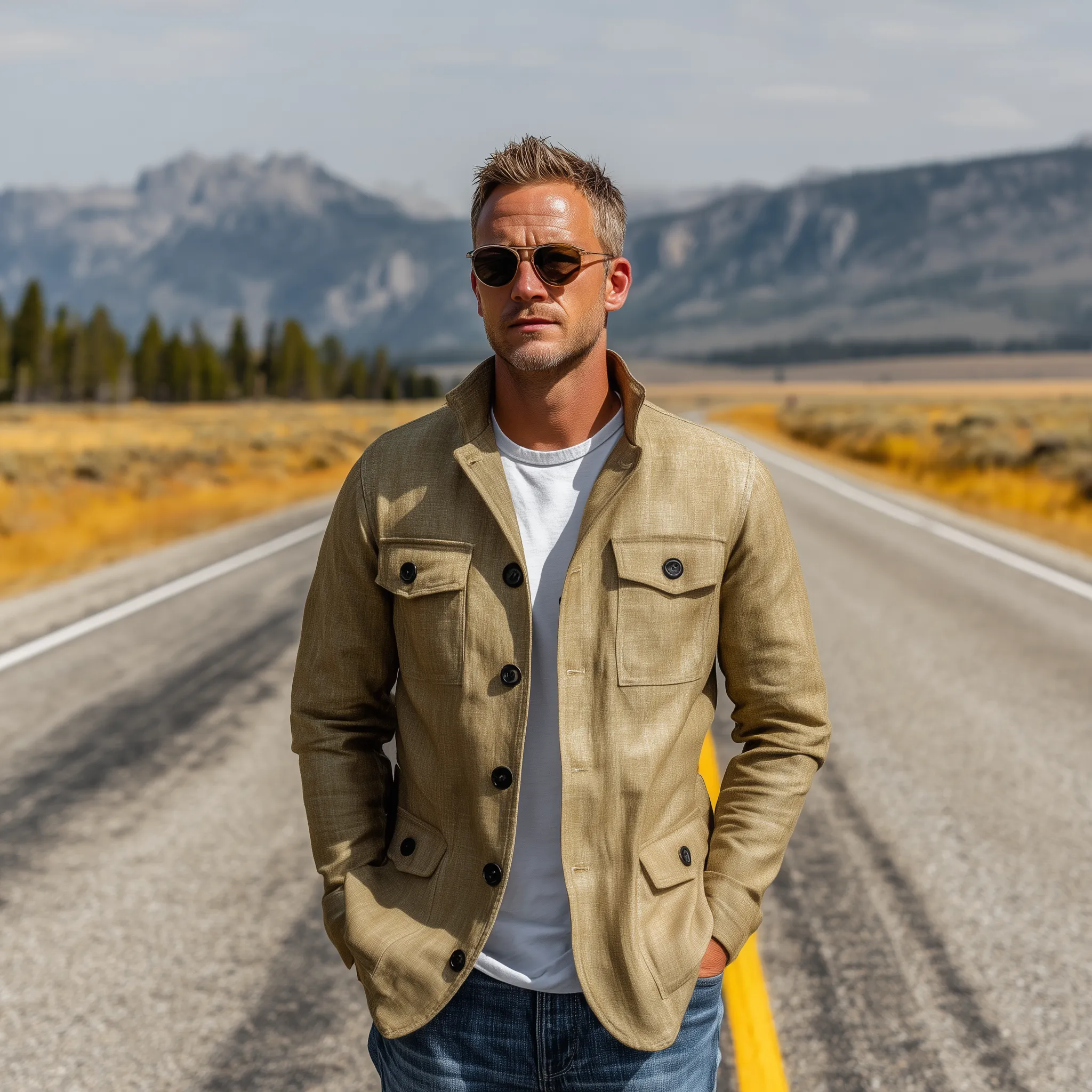 Men's Classic Casual Stand-up Collar Multi-pocket Cotton And Linen Blend Thin Jacket MTA3130G5K sold by Manly product image thumbnail 3