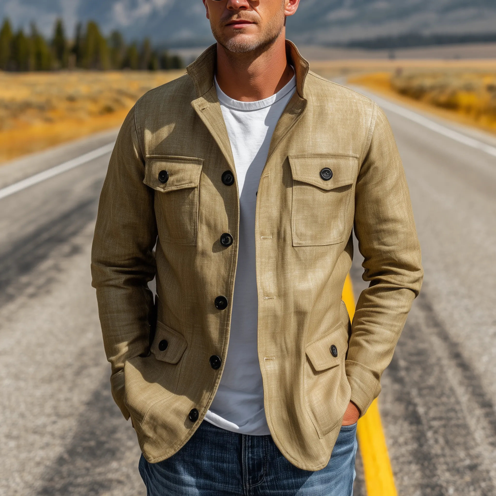 Men's Classic Casual Stand-up Collar Multi-pocket Cotton And Linen Blend Thin Jacket MTA3130G5K sold by Manly product image thumbnail 2