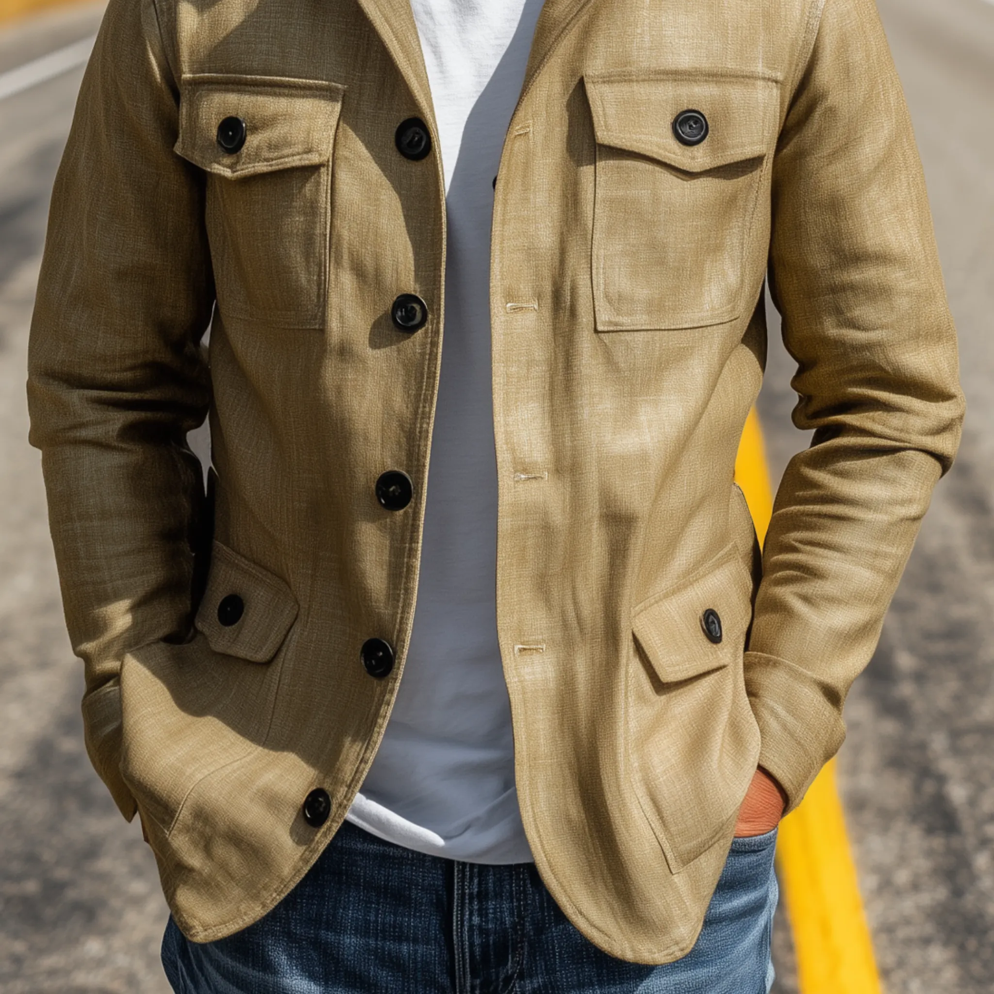 Men's Classic Casual Stand-up Collar Multi-pocket Cotton And Linen Blend Thin Jacket MTA3130G5K sold by Manly product image thumbnail 5