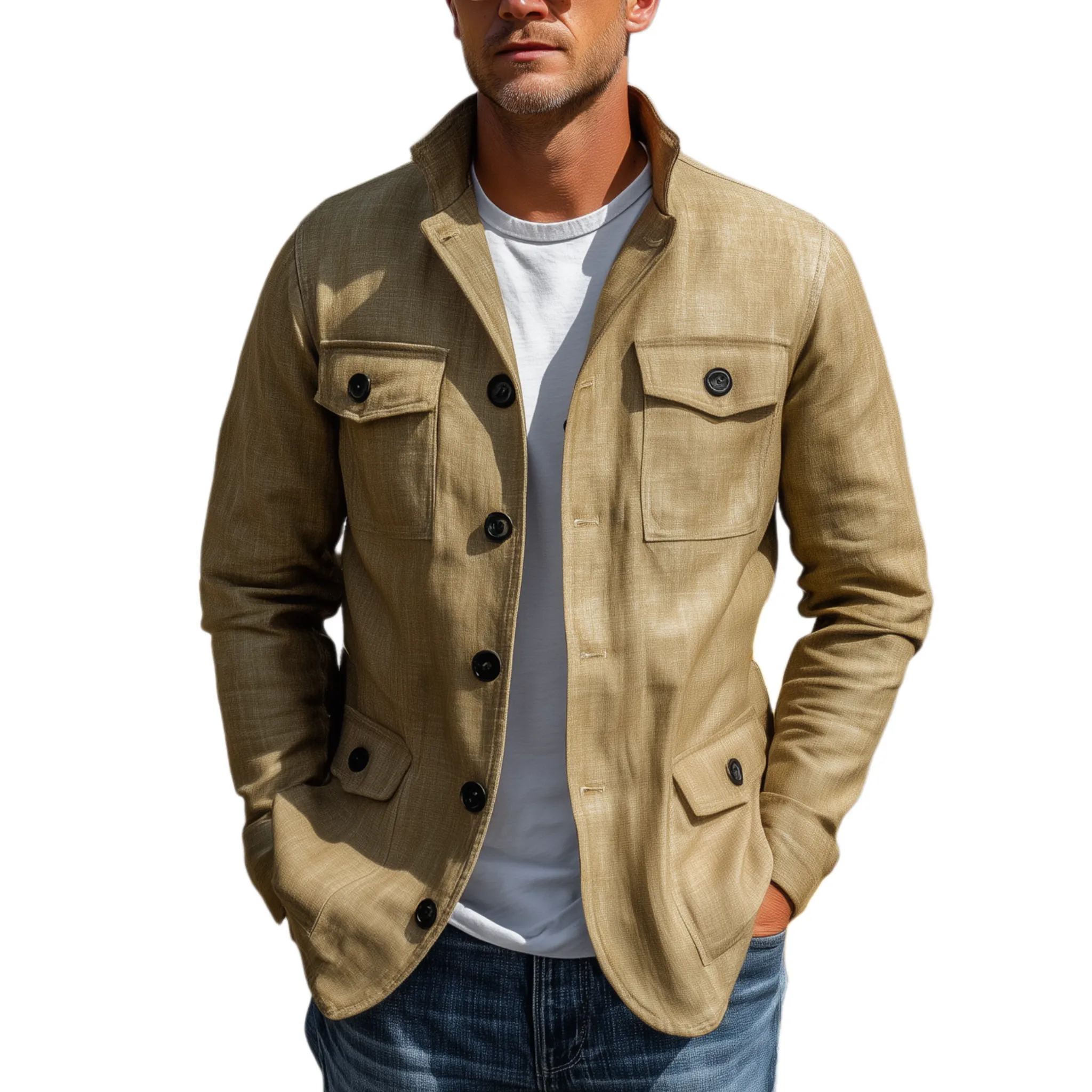 Men's Classic Casual Stand-up Collar Multi-pocket Cotton And Linen Blend Thin Jacket MTA3130G5K sold by Manly