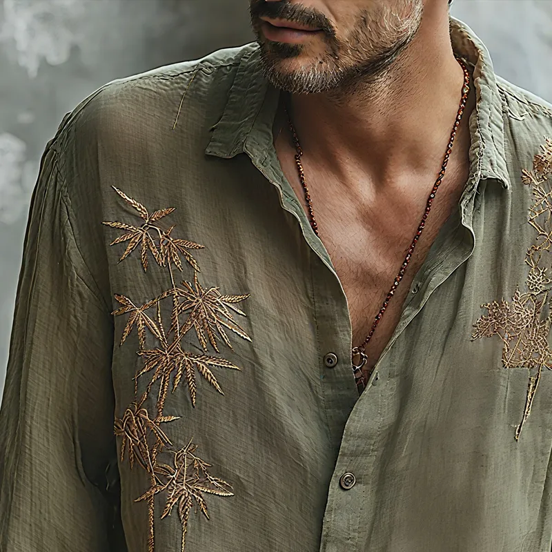 Men's Bamboo Embroidered Lapel Long Sleeve Cotton And Linen Shirt MTA3157G1Z sold by Manly product image thumbnail 3