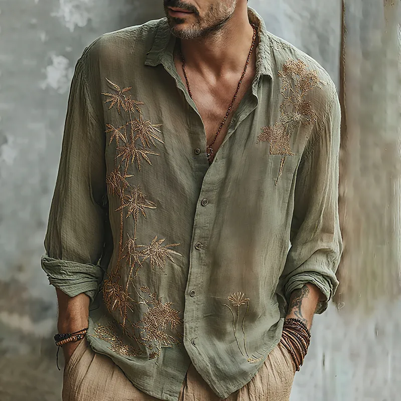 Men's Bamboo Embroidered Lapel Long Sleeve Cotton And Linen Shirt MTA3157G1Z sold by Manly product image thumbnail 2