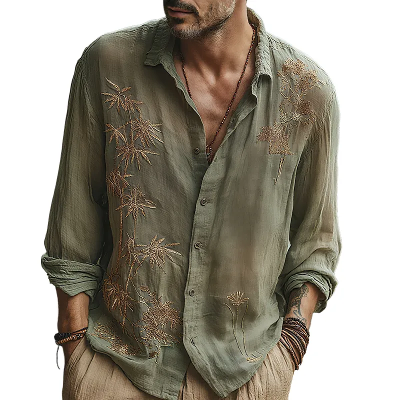 Men's Bamboo Embroidered Lapel Long Sleeve Cotton And Linen Shirt MTA3157G1Z sold by Manly
