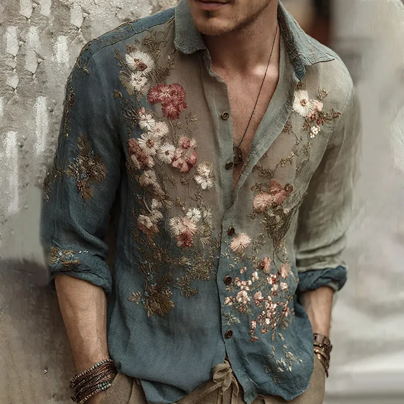 Men's Floral Embroidered Lapel Long Sleeve Cotton And Linen Shirt MTA3187G6Z sold by Manly product image thumbnail 2