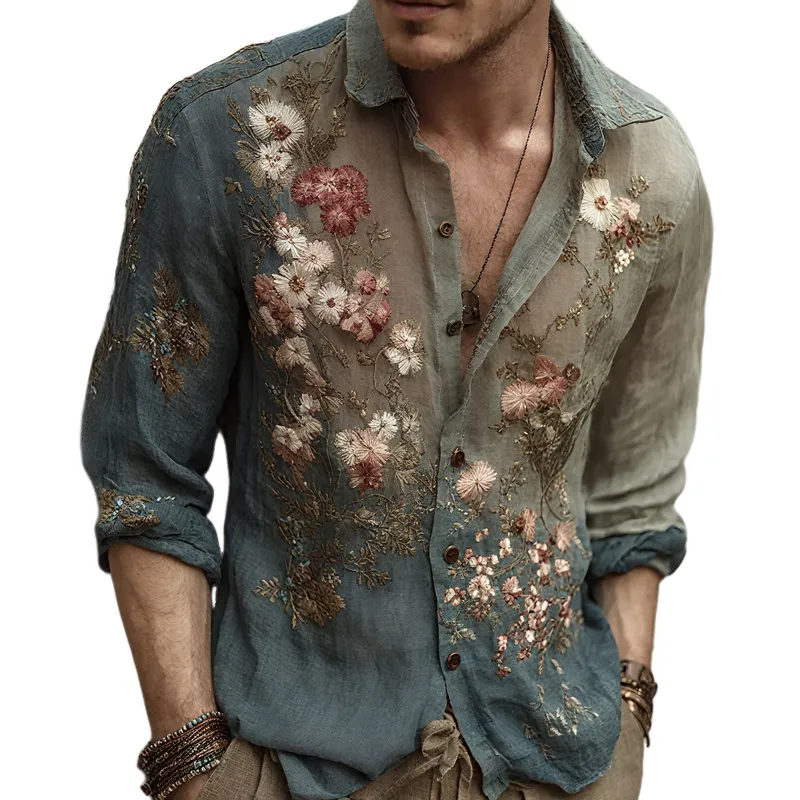 Men's Floral Embroidered Lapel Long Sleeve Cotton And Linen Shirt MTA3187G6Z sold by Manly
