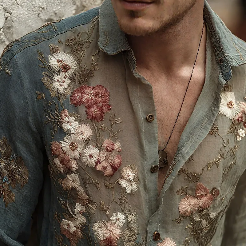 Men's Floral Embroidered Lapel Long Sleeve Cotton And Linen Shirt MTA3187G6Z sold by Manly product image thumbnail 3