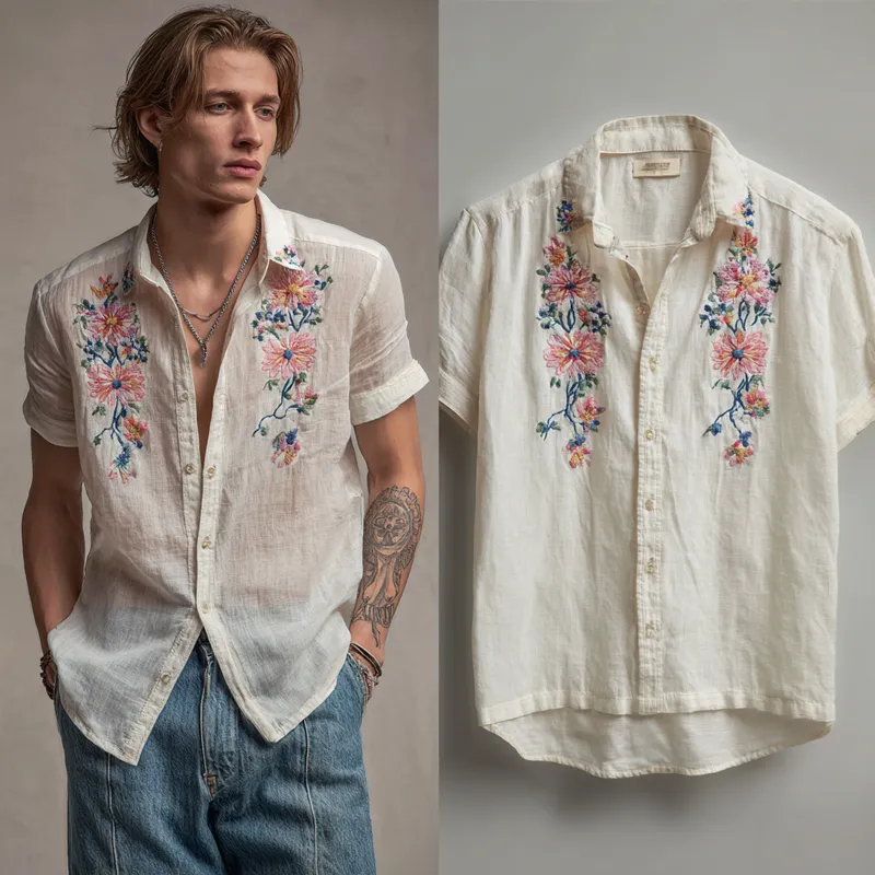 Men's Flora Embroidered Lapel Short Sleeve Cotton And Linen Shirt MTA3111G4Z sold by Manly product image thumbnail 3