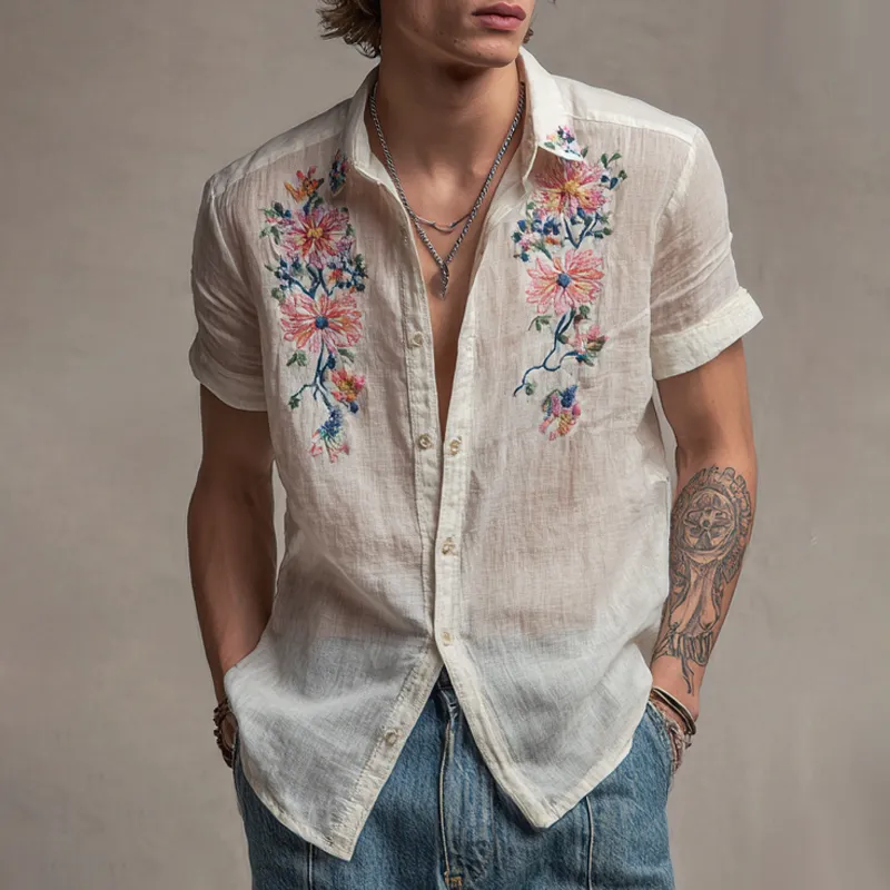 Men's Flora Embroidered Lapel Short Sleeve Cotton And Linen Shirt MTA3111G4Z sold by Manly product image thumbnail 2