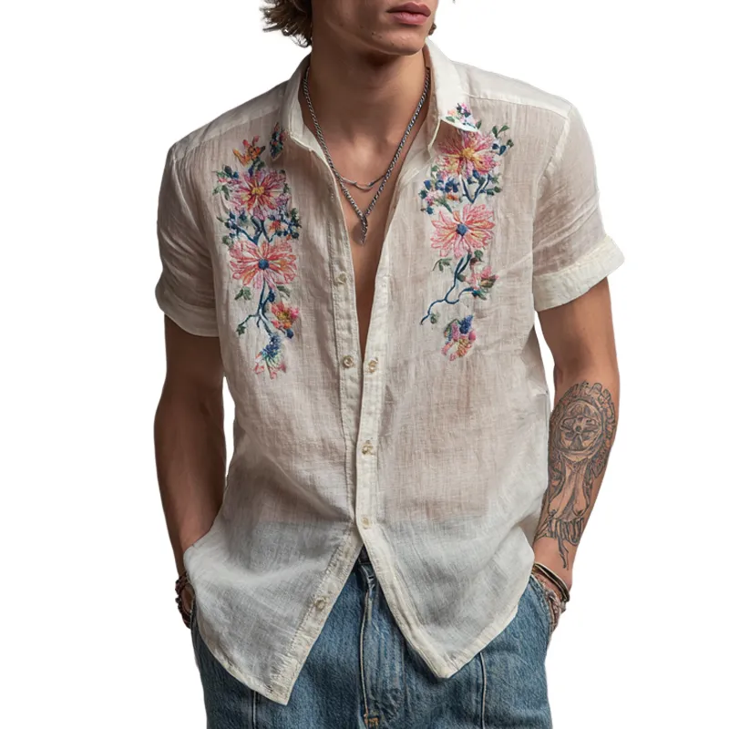 Men's Flora Embroidered Lapel Short Sleeve Cotton And Linen Shirt MTA3111G4Z sold by Manly