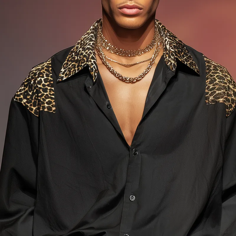 Men's Leopard Stitching Lapel Long Sleeve Shirt MTA3194G8Z sold by Manly product image thumbnail 3