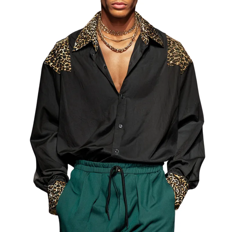 Men's Leopard Stitching Lapel Long Sleeve Shirt MTA3194G8Z sold by Manly