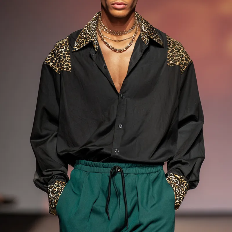 Men's Leopard Stitching Lapel Long Sleeve Shirt MTA3194G8Z sold by Manly product image thumbnail 2