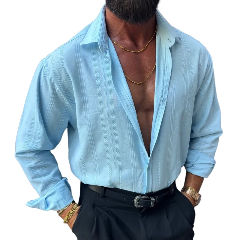 Men's Vertical Striped Jacquard Lapel Long Sleeve Shirt MTA3185G1Z sold by Manly