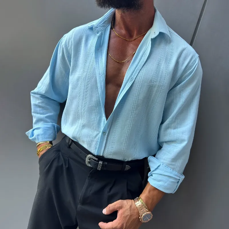 Men's Vertical Striped Jacquard Lapel Long Sleeve Shirt MTA3185G1Z sold by Manly product image thumbnail 3