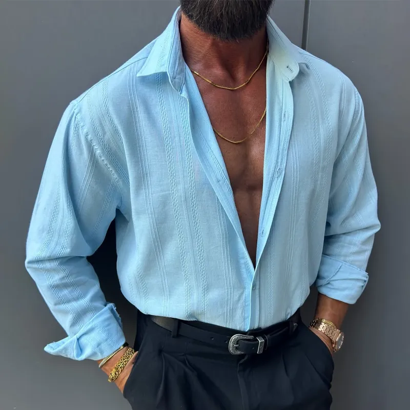 Men's Vertical Striped Jacquard Lapel Long Sleeve Shirt MTA3185G1Z sold by Manly product image thumbnail 2