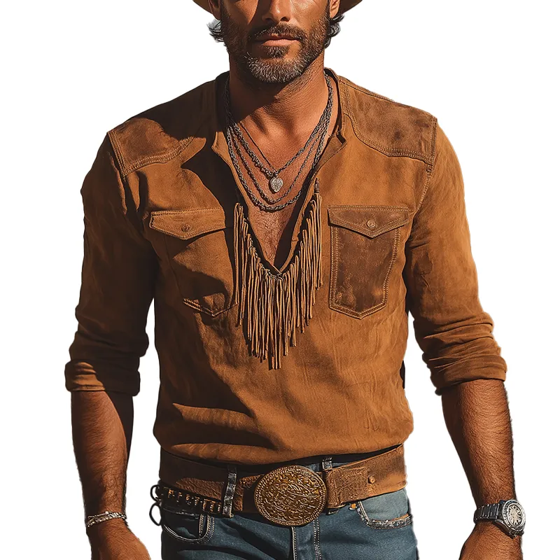 Men's Vintage Tassel Faux Suede Long Sleeve T-Shirt MTA3146G6P sold by Manly